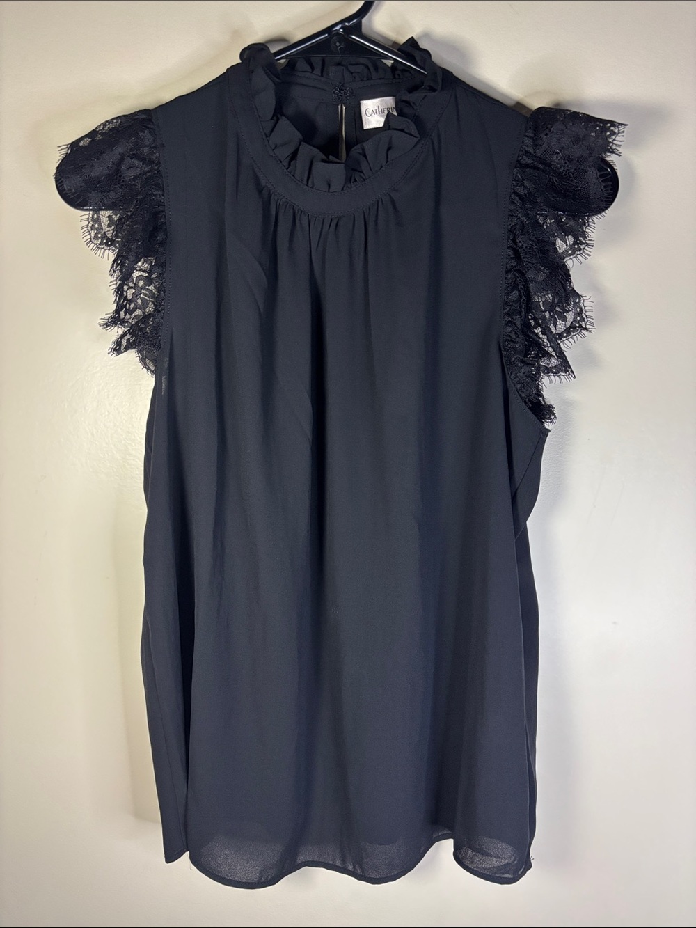 Catherine Malandrino Black Lace Flutter Sleeve Ruffle Neck Camisole